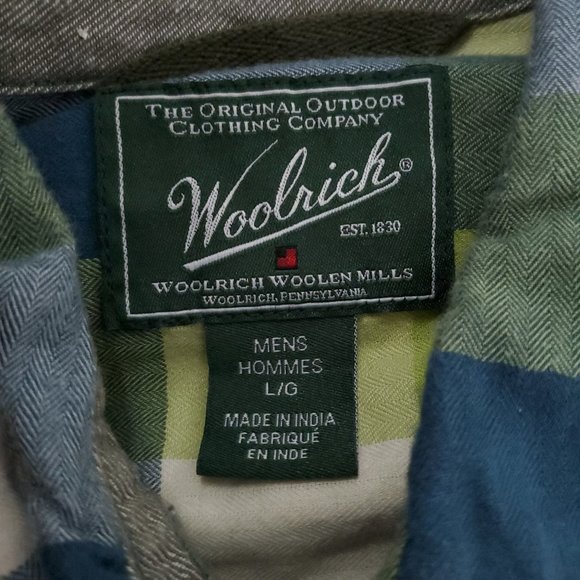 Woolrich Men Button Shirt Check 100% Organic Cotton Pockets Blue Green Size L - Picture 7 of 8